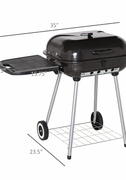 22" Charcoal Barbecue Grill with Portable Wheel, Side Tray and Lower Shelf for Outdoor BBQ for Garden, Backyard, Poolside