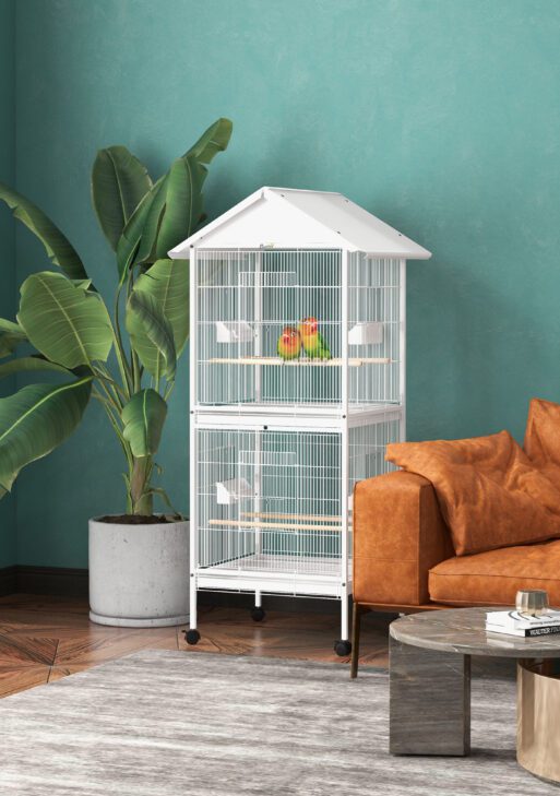 Wrought Metal Bird Cage Feeder with Rolling Stand Perches Food Containers Doors Wheels 67" H, White