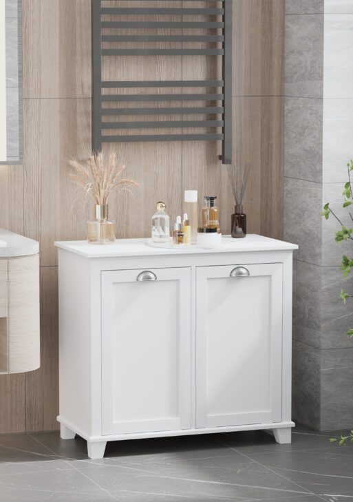 Dual Tilt out Laundry Hamper Cabinet, Bathroom Storage Cabinet with 2-Compartment Hamper, Modern Bathroom Floor Cabinet for Washroom, White