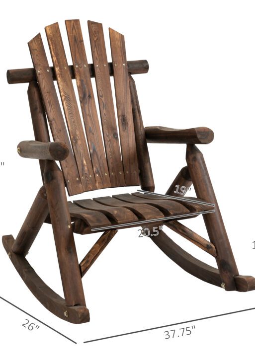 Outdoor Wooden Rocking Chair, Single-Person Adirondack Rocking Patio Chair with Rustic High Back, Slatted Seat and Backrest for Indoor, Backyard, Garden, Carbonized