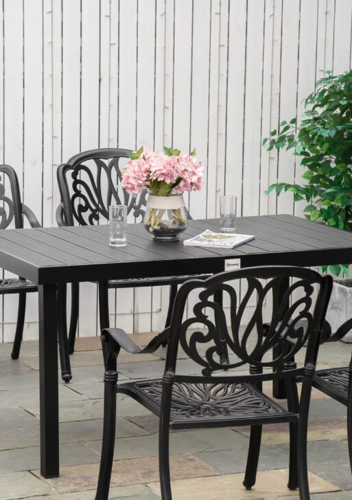 Outdoor Dining Table for 6 Person, Rectangular Patio Table, Aluminum Metal Legs for Garden, Lawn, Patio, Woodgrain Black