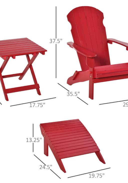 3-Piece Folding Adirondack Chair with Ottoman and Side Table, Outdoor Wooden Fire Pit Chairs w/ High-back, Wide Armrests for Patio, Backyard, Garden, Lawn Furniture, Red