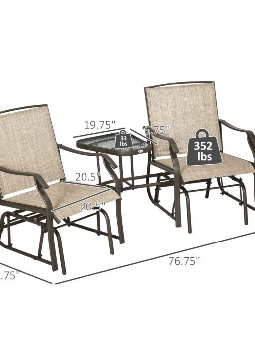 Outdoor Glider Chairs with Coffee Table, Patio 2-Seat Rocking Chair Swing Loveseat with Breathable Sling for Backyard, Garden, and Porch, Light Brown