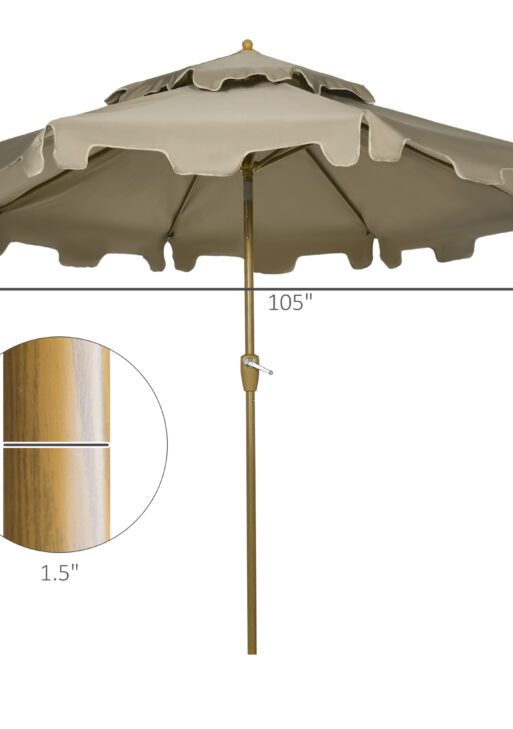 9' Patio Umbrella with Push Button Tilt and Crank, Double Top Ruffled Outdoor Market Table Umbrella with 8 Ribs, for Garden, Deck, Pool, Brown