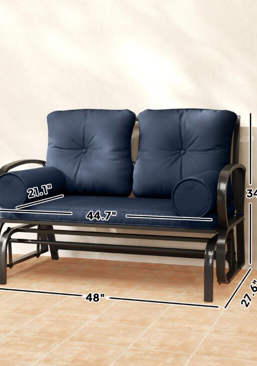 Swing Glider Rocking Chair, Double Patio Bench, 2 Person Loveseat with Steel Frame, Cushions, Pillow Armrests, Blue