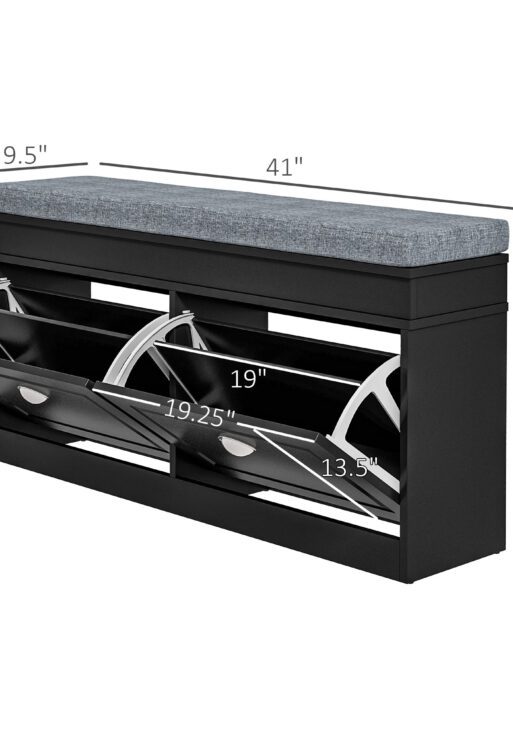 Modern Shoe Storage Bench, Entry Way Bench with Cushion, 2 Drawers, Storage Ottoman Bench, Holds 8 Pairs, Black
