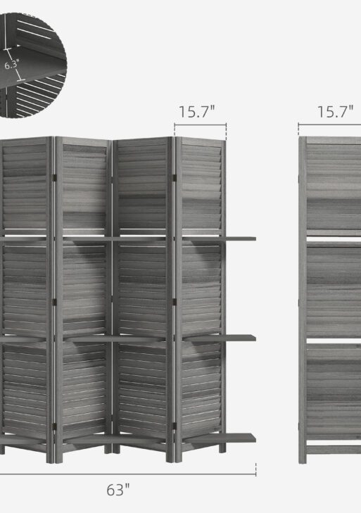 4 Panel 67" Tall Wood Privacy Screen Room Divider with 3 Shelves and Folding Storage for Bedroom, Gray