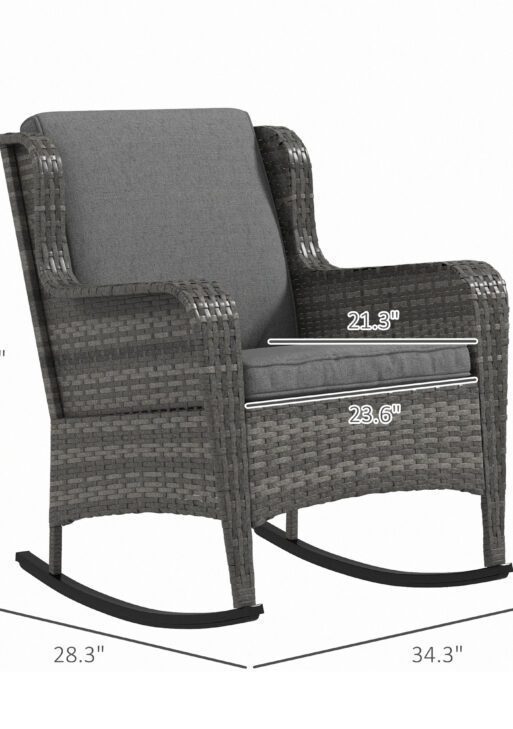 2 Piece Outdoor Wicker Rocking Chairs, Rattan Rockers with Cushions, Steel Frame for Patio, Garden, Backyard, Gray