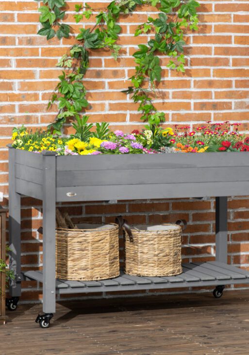 47" x 21" Raised Garden Bed Elevated Wooden Planter Box w/ Lockable Wheels, Storage Shelf for Backyard, Dark Gray