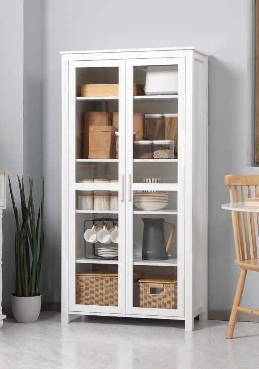 63" Kitchen Pantry Cabinet, Freestanding Storage Cabinet, Display Cabinet with 2 Glass Door and 2 Adjustable Shelves for Dining Room, White
