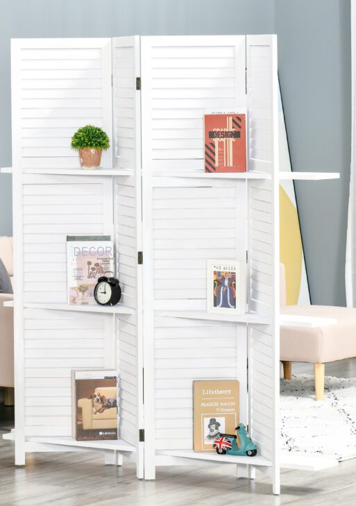 4 Panel 67" Tall Wood Privacy Screen Room Divider with 3 Shelves and Folding Storage for Bedroom, White