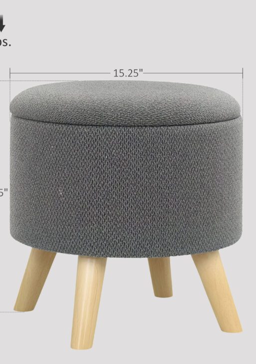 Round Ottoman Stool with Storage, Linen Upholstered Foot Stool with Padded Seat, Hidden Space and Wood Legs, Gray