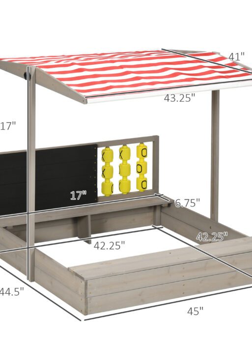 Kids Sandbox with Canopy, Bench Seats Wooden Sand Pit, Backyard Toy with Chalkboard, Tic Tac Toe Game, Gift for Girls and Boys, Ages 3-7