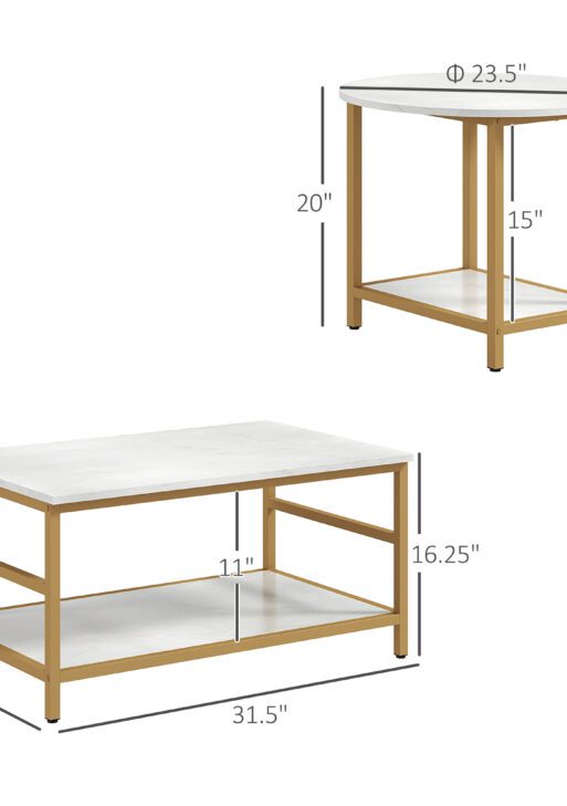Coffee Tables Set of 2, Rectangle and Round Coffee Table with Storage Shelves, Faux Marble Top, Living Room Table Set