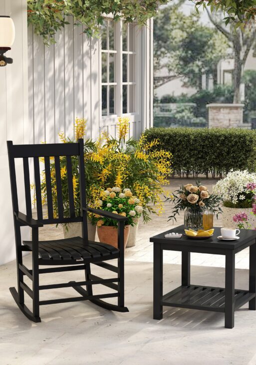 Outdoor Rocking Chair, Patio Rocking Chair with Smooth Curves, High Density Wooden Rockers for Lawn Garden Porch, Supports Up to 350lbs, Black