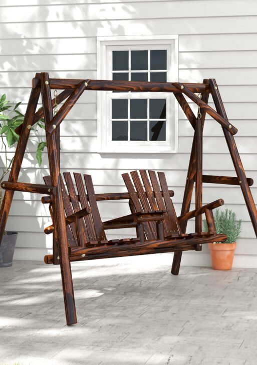 Wooden Porch Swing with Stand, 2-Seat Patio Swing Chair with Center Table, for Garden, Poolside, Backyard