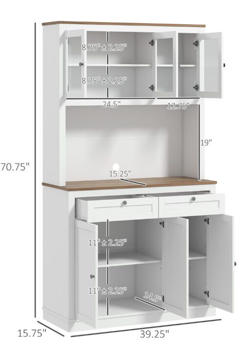 71" Kitchen Pantry Cabinet with Microwave Stand, Kitchen Hutch with 2 Drawers and Adjustable Shelves, White