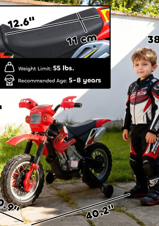6V Kids Motorcycle, Electric Motorcycle with Dirt Bike Style, Street Bike Design Battery Powered Ride On Toy with Training Wheels, Headlight, Music, Ages 5-8, Red