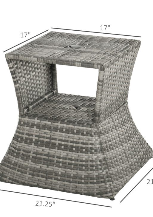 Outdoor Side Table with Umbrella Hole, 2 Tier Rattan Wicker End Table with Storage Shelf, All Weather for Outdoor, Patio, Garden, Backyard, Mixed Gray