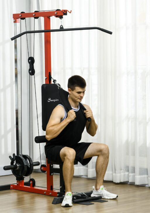 Lat Pull Down Machine, High / Low Pulley Machine with Adjustable Seat and Flip-Up Footplate, Red
