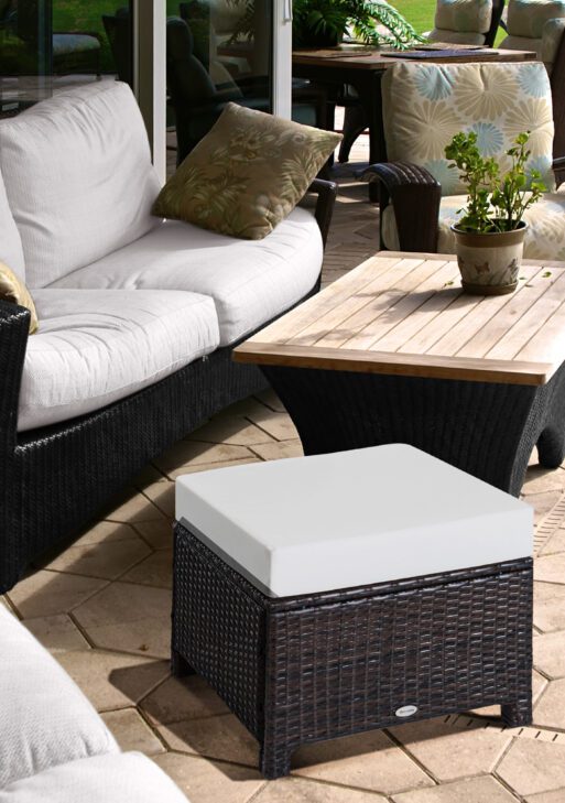 20" Patio Wicker Ottoman, Multipurpose Outdoor PE Rattan Footrest, Additional Seating, Side Table with Soft Cushion, Dark Brown, Cream White