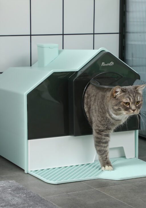 Hooded Cat Litter Box w/ Litter Mat, Litter Particle Catching, Light Blue