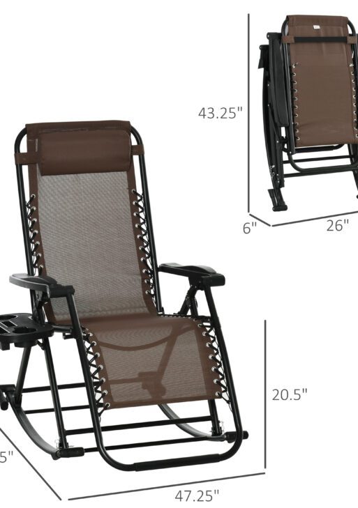 Outdoor Rocking Chairs, Foldable Reclining Zero Gravity Lounge Rocker with Pillow, Cup & Phone Holder, Combo Design with Folding Legs, Brown