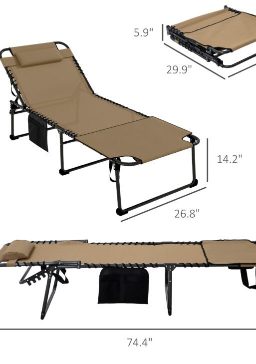 2 Piece Folding Chaise Lounge Pool Chairs with 5-level Reclining Back, Reading Hole, Side Pocket, Beige