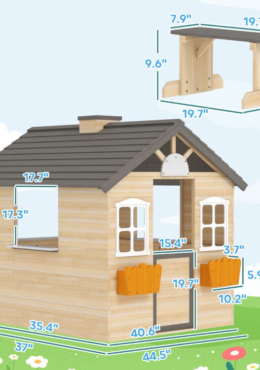 Wooden Playhouse for Kids Outdoor Garden Pretend Play Games, Adventures Cottage, with Working Door, Windows, Bench, Service Station, Flowers Pot Holder, for 3-7 Years Old