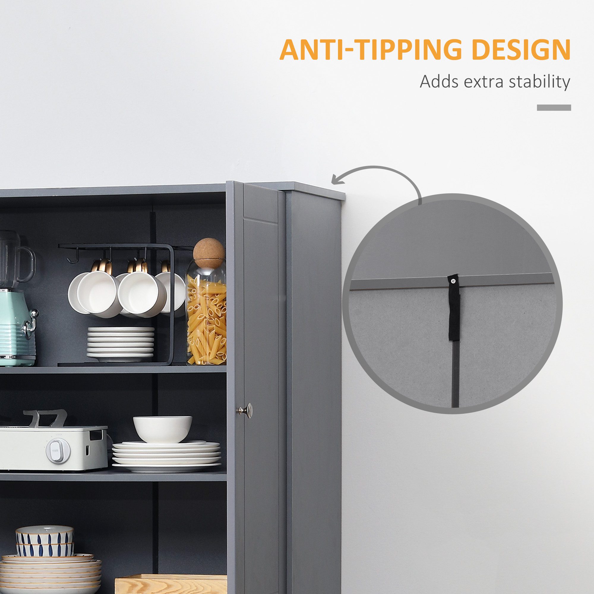 72" Freestanding Kitchen Pantry Cabinet, Tall Storage Cabinet with 4 Doors, Drawer and Adjustable Shelves for Dining Room, Gray - Image 4