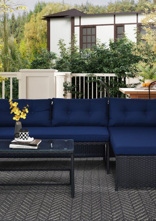 3 Piece Patio Furniture Set, Rattan Outdoor Sofa Set with Chaise Lounge & Loveseat, Soft Cushions, Tempered Glass Table, L-Shaped Sectional Couch, Blue