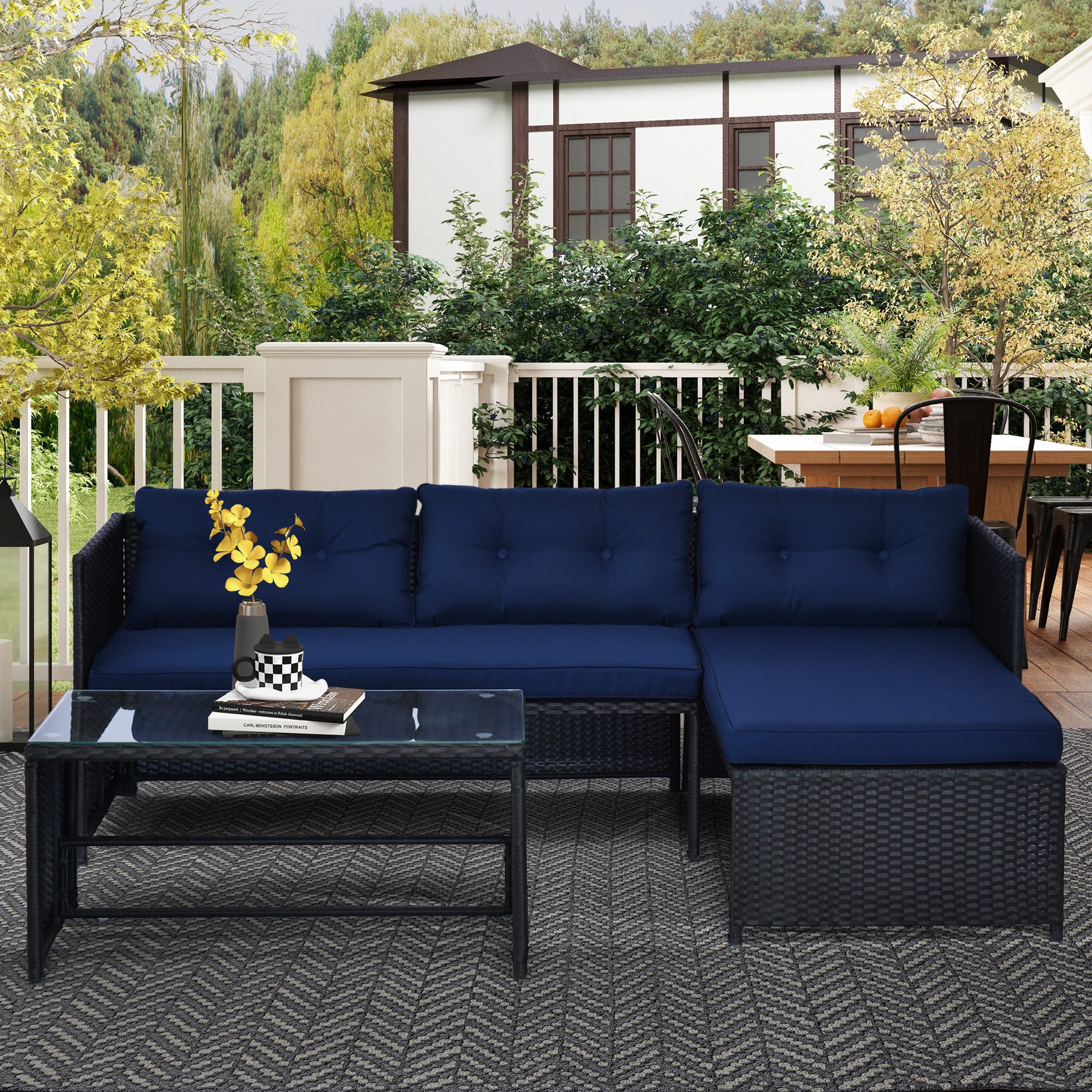 3 Piece Patio Furniture Set, Rattan Outdoor Sofa Set with Chaise Lounge & Loveseat, Soft Cushions, Tempered Glass Table, L-Shaped Sectional Couch, Blue