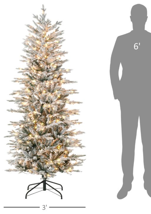 6' Pre Lit Artificial Flocked Christmas Trees, with Snow Branches, Warm Yellow Clear Lights, Auto Open, Extra Bulb