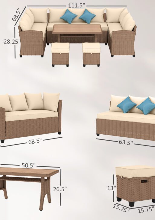 6 Piece Patio Furniture Set, PE Wicker Outdoor Furniture Conversation Set with 3 Sofas, 2 Ottomans and Slatted WPC Top Dining Table, All Weather Sectional Sofa Couch with Pillows, Khaki
