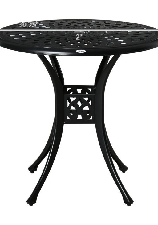 30" Round Patio Dining Table with Umbrella Hole, Antique Cast Aluminum Outdoor Bistro Table Only, Black