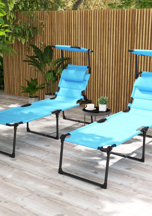 2 Pcs Outdoor Lounge Chair, 4 Position Adjustable Backrest, Folding, Cushioned w/ Sun Shade Roof & Pillow, Blue