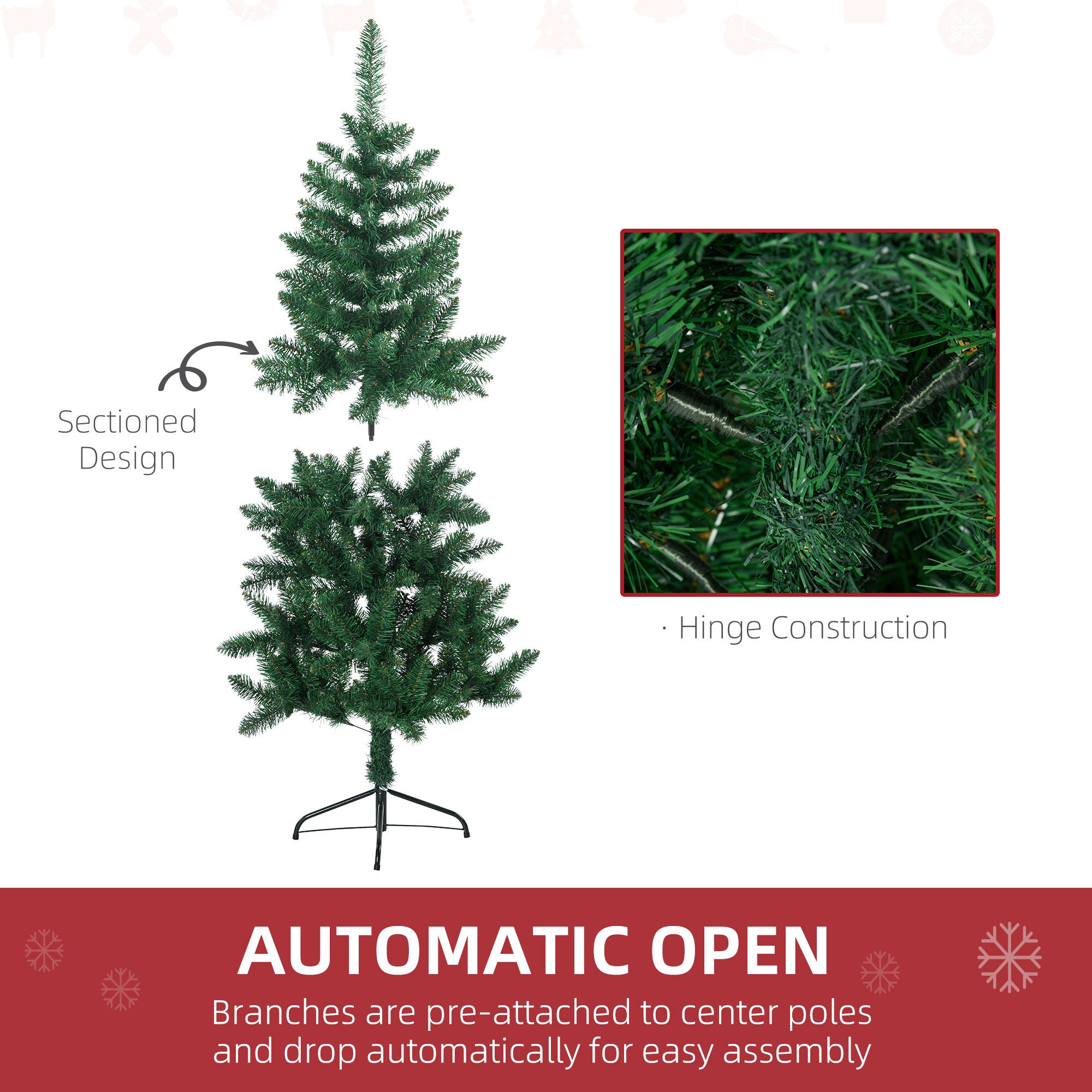5' Artificial Half Christmas Trees with Auto Open, Steel Base, for Indoor Xmas Décor - Image 4