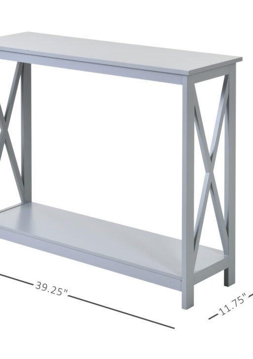 2-Tier Console Table, Sofa Side Table with Storage Shelf, X Design for Entryway, Living Room, and Hallway, Grey