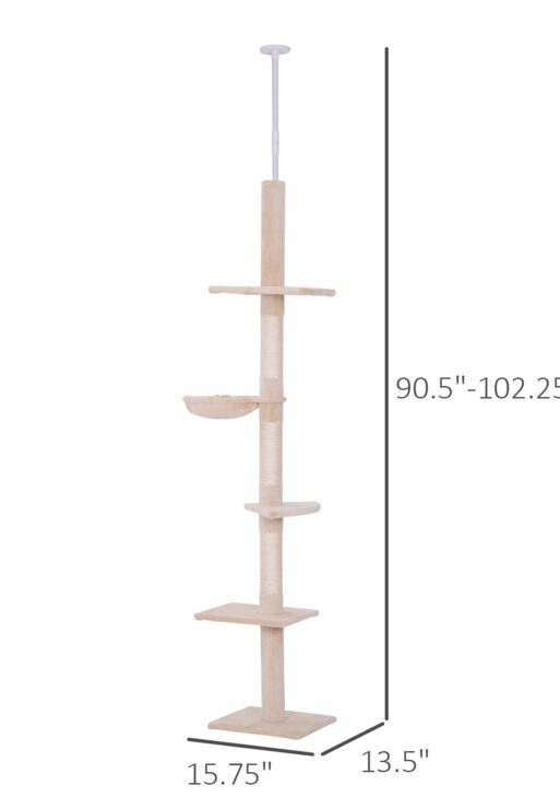 102" Adjustable Height Floor to Ceiling Cat Tree, 5 Level Cat Tower with Scratching Posts, Hammock, Beige