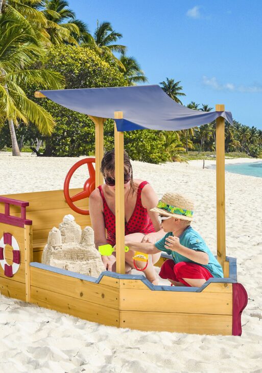 Kids Wooden Sandbox, w/ Canopy Bench Seat Storage Space, Aged 3-8 Years Old