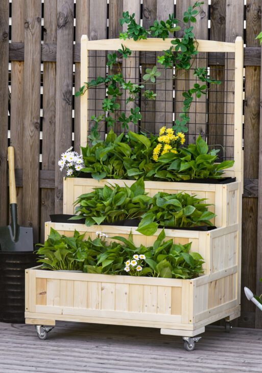 3-Tiers Raised Garden Bed with Trellis, 53" H Vertical Planter Box with Wheels & Back Storage Area, for Flowers, Vegetables, Herbs, Natural