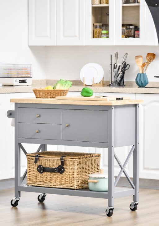 Rolling Kitchen Island Cart, Utility Trolley Cart with Rubberwood Top Storage Cabinet, 2 Drawers, Towel Rack, Grey