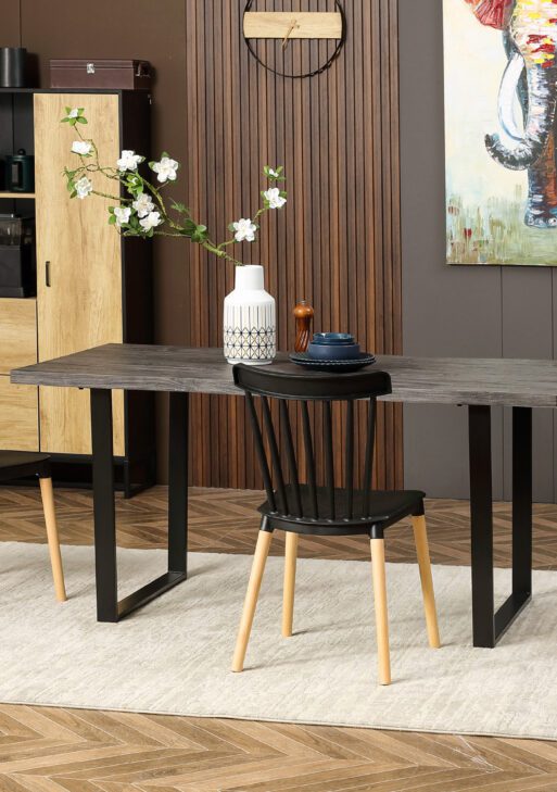 63" Wavy-Edge Modern Dining Table for 6 People, Wooden Kitchen Table, Metal Legs, Rectangle Dinner Table, Gray