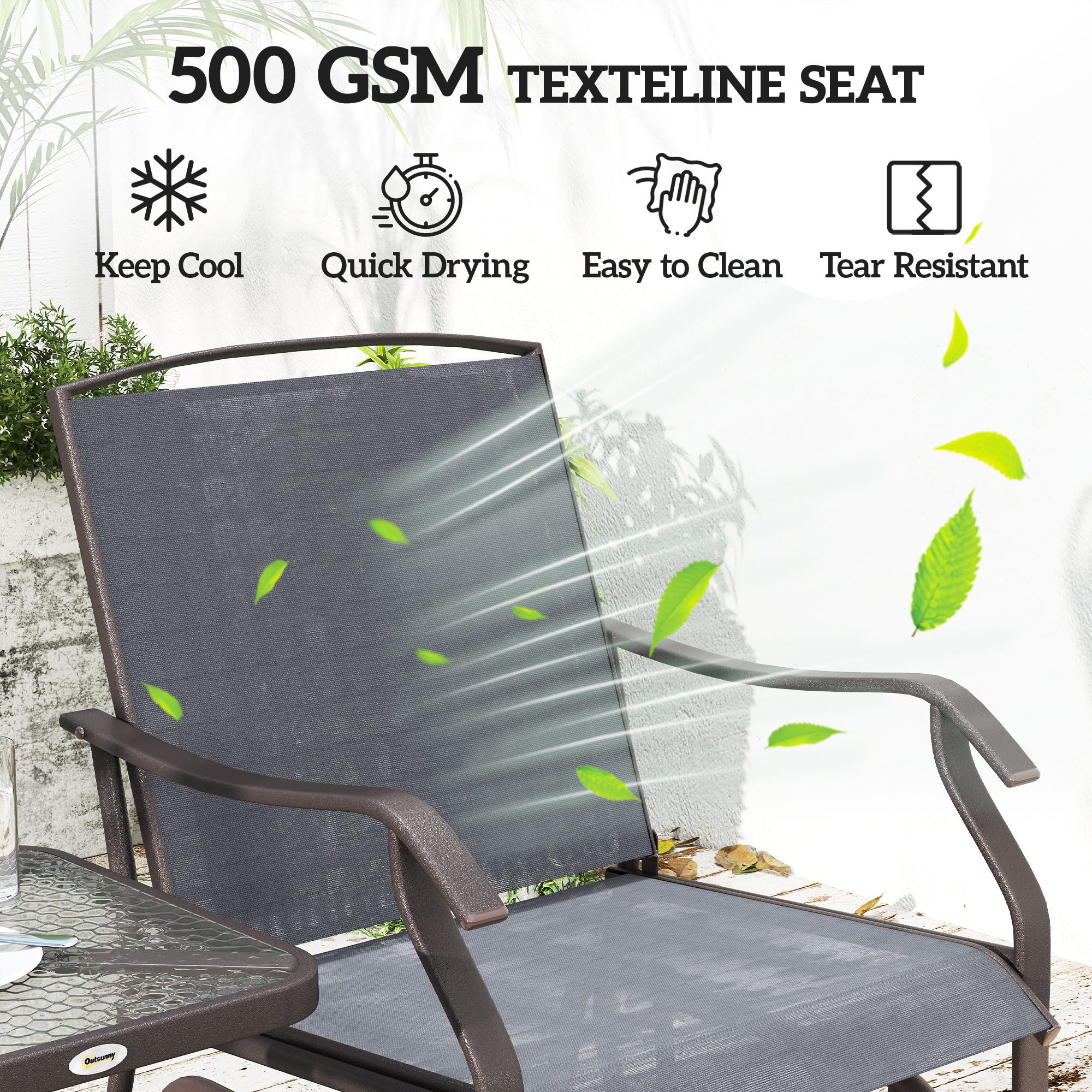 3 Piece Outdoor Glider Chair with Coffee Table Bistro Set, 2 Patio Rocking Swing Chairs with Breathable Sling Fabric, Glass Tabletop, for Backyard, Garden and Porch, Gray - Image 3