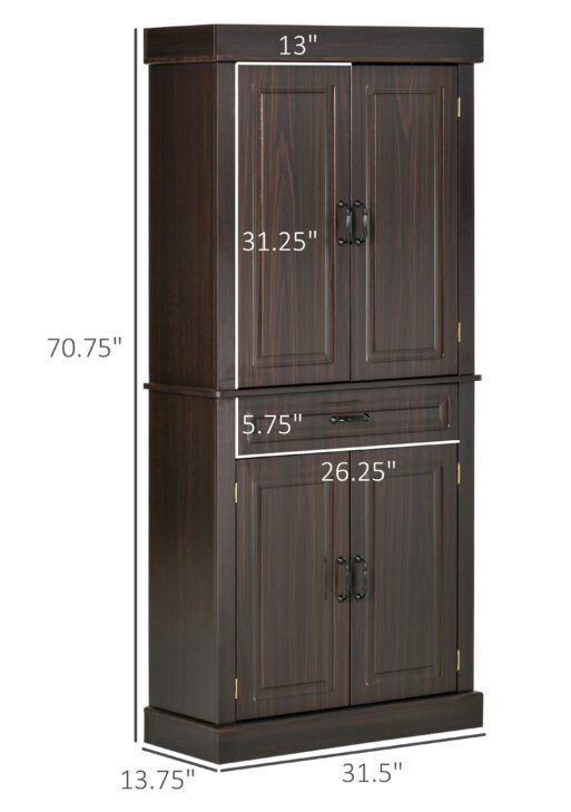 70.75" Freestanding Kitchen Pantry with 4 Doors, and 2 Large Cabinets, Tall Storage Cabinet with Wide Drawer for Kitchen Dining Room, Coffee