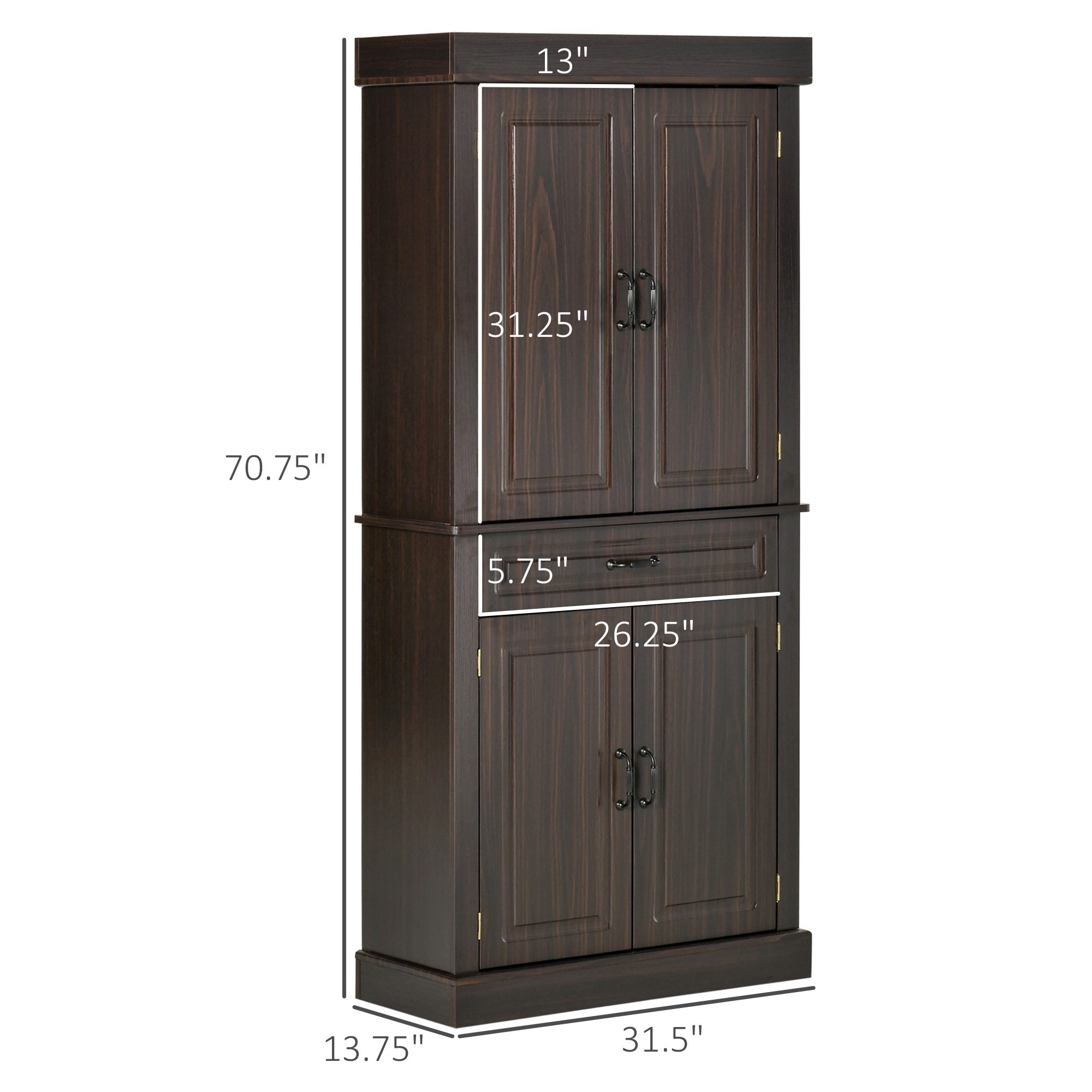 70.75" Freestanding Kitchen Pantry with 4 Doors, and 2 Large Cabinets, Tall Storage Cabinet with Wide Drawer for Kitchen Dining Room, Coffee - Image 1