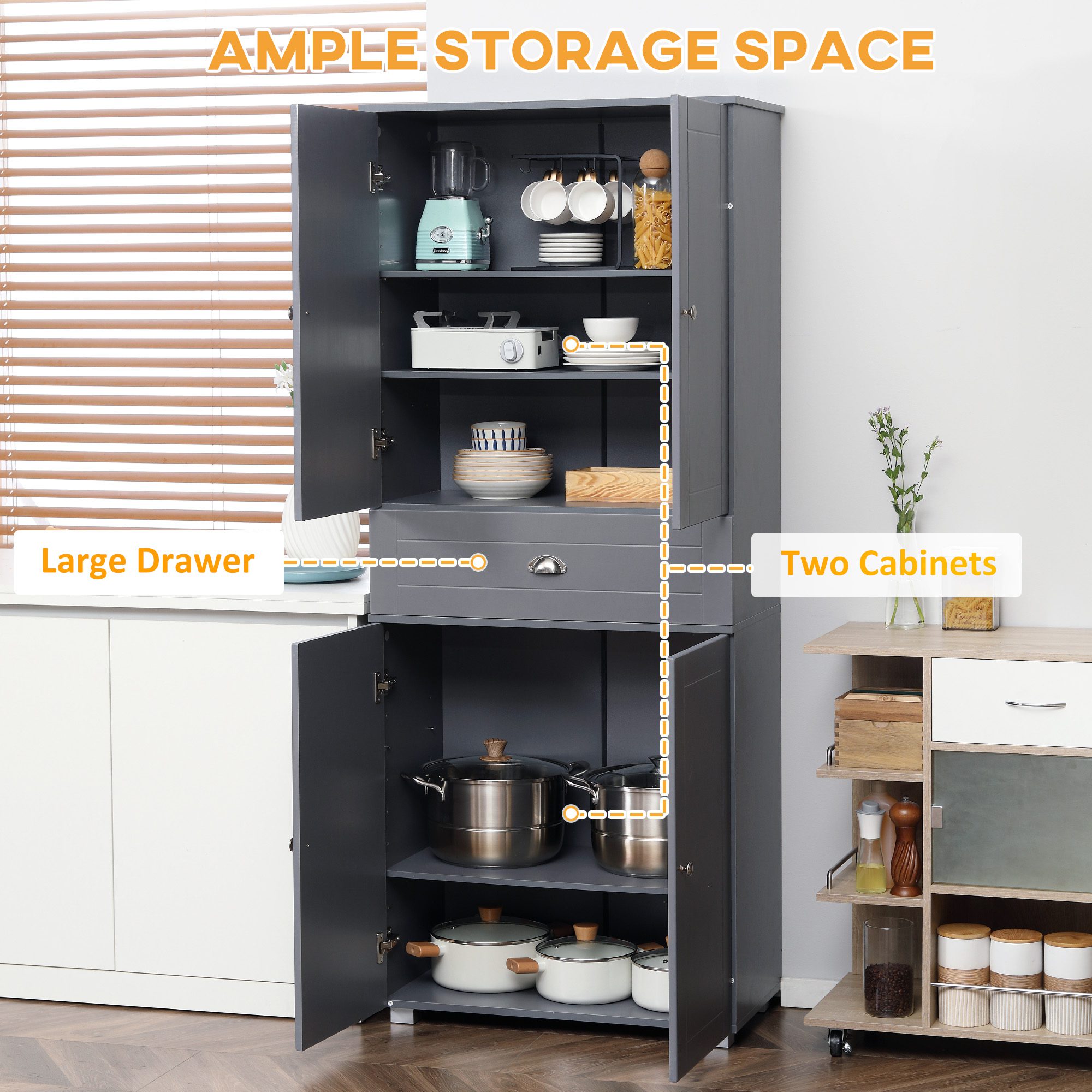 72" Freestanding Kitchen Pantry Cabinet, Tall Storage Cabinet with 4 Doors, Drawer and Adjustable Shelves for Dining Room, Gray - Image 2