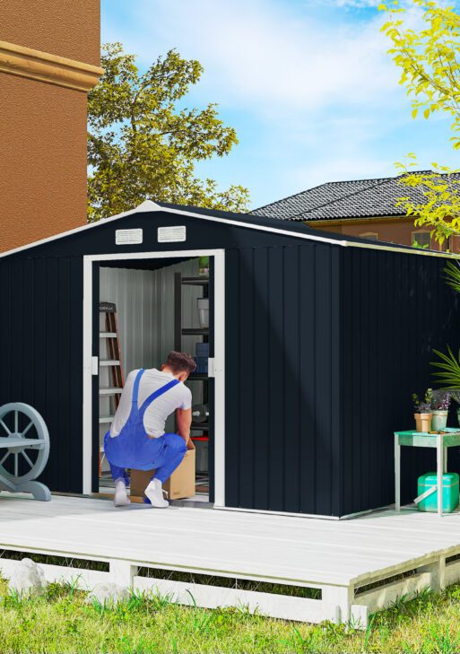 9' x 6' Outdoor Storage Shed, Garden Tool Metal Shed with Foundation Kit, Double Lockable Door, Air Vents and Sloping Roof, for Backyard, Patio, Lawn, Dark Gray