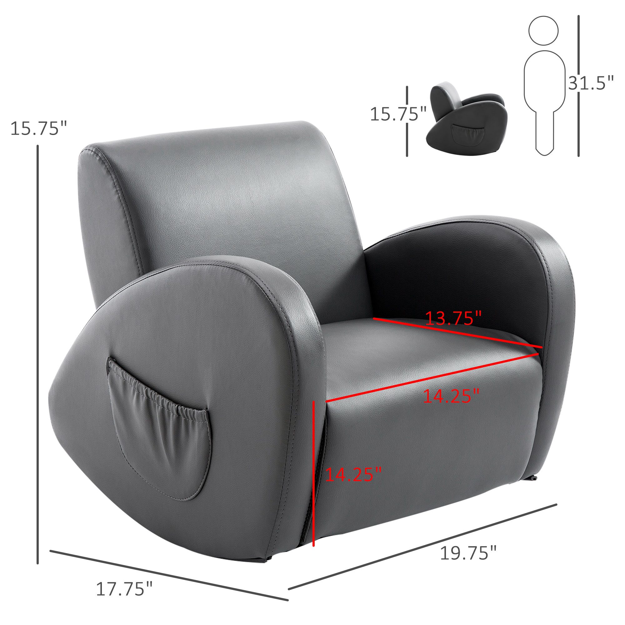 Kids Sofa Rocking Chair with Side Pocket, PU Leather Toddler Armchair for Children Grey - Image 1