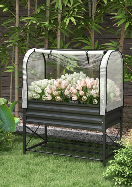 Raised Garden Bed with Legs and Cover, Metal Elevated Planter Box with Bottom Shelf and Liner for Vegetables, Black